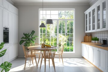 Home kitchen interior with dining table, cabinet and window. Mock up wall, Generative AI