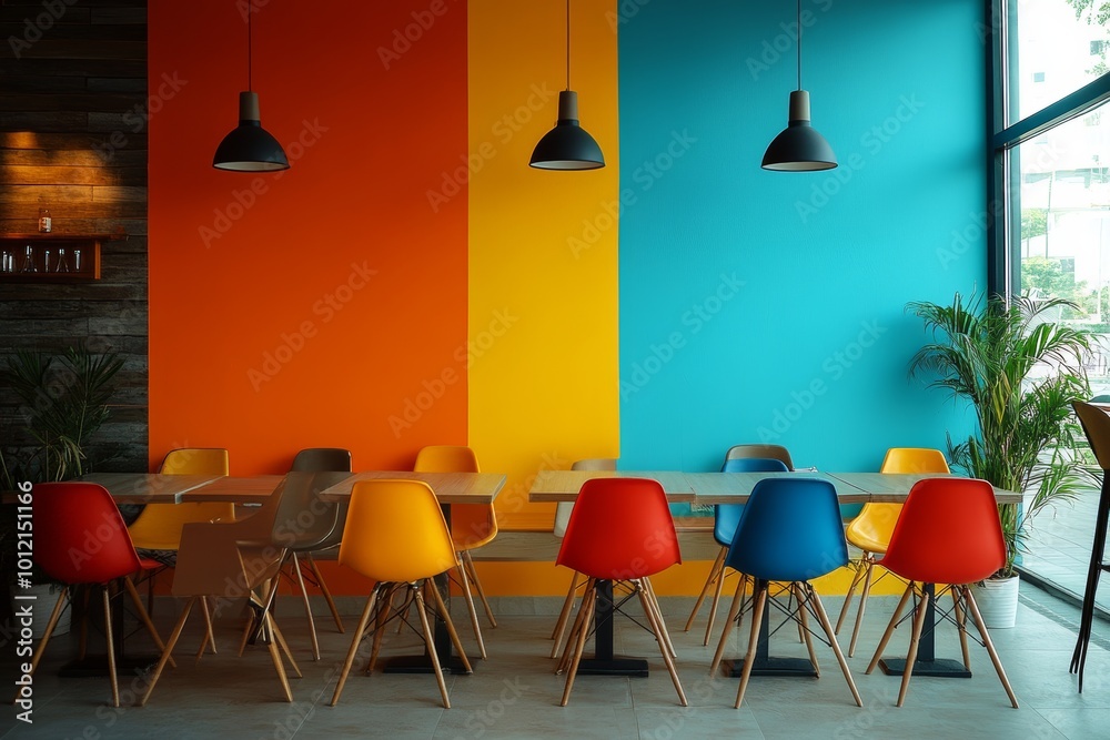 Sticker Colored cafe interior with chairs and eating tables in row, window. Empty wall, Generative AI