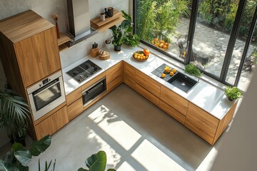 Top view of modern kitchen interior cooking corner and panoramic window, Generative AI