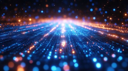 Fototapeta premium Vibrant Grid Of Glowing Blue And Orange Particles In A Futuristic Sci-Fi Landscape For Digital Technology And Innovation Concepts