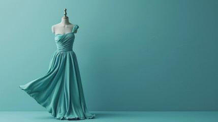 Elegant turquoise dress displayed on a mannequin against a soft teal background in a fashion studio setting