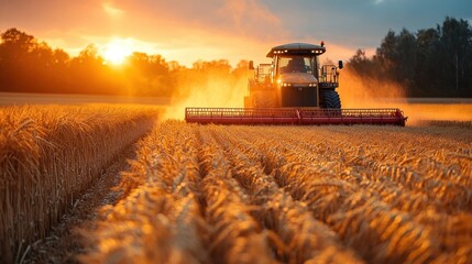 Fototapeta premium A tractor harvests wheat in a field at sunset. The tractor is moving from left to right, leaving a trail of dust behind it. The sun is setting in the background, casting a warm glow over the scene.