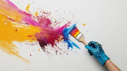A hand with a paintbrush creates a colorful splash on a white wall.