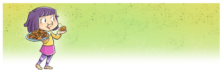 Little girl eating with a tray of cookies