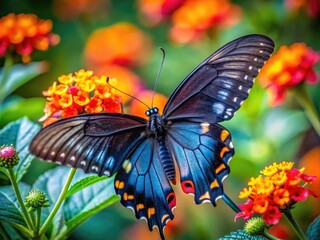 Fototapeta premium Elegant black butterfly perched on a vibrant flower showcasing nature's beauty and delicate wings