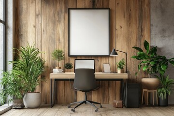 Fototapeta premium Modern home office with blank picture frame on wooden wall, minimalist design, light interior, concept of workspace aesthetics. 3D rendering, Generative AI