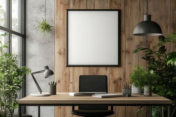 Modern home office with blank picture frame on wooden wall, minimalist design, light interior, concept of workspace aesthetics. 3D rendering, Generative AI