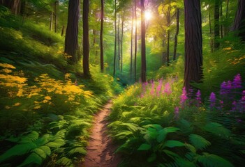 Obraz premium lush vibrant forest landscape illuminated warm soft sunlight paving serene path through abundant greenery, adventure, area, outdoor, biodiversity