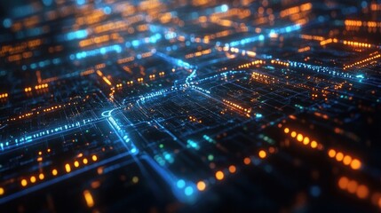 Abstract glowing digital lines and dots network in futuristic style with blue and orange light.
