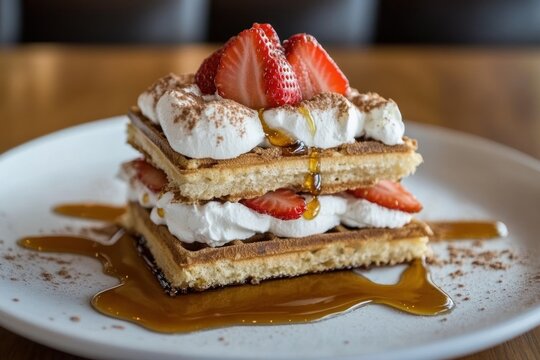 Strawberry Triffle Waffle Layers of Waffle fresh cream