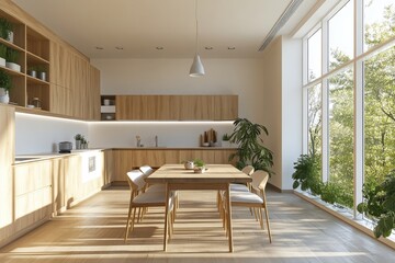 Modern kitchen with wooden cabinetry and island, pendant lights, large windows, and terrazzo flooring. Interior design concept. 3D rendering, Generative AI