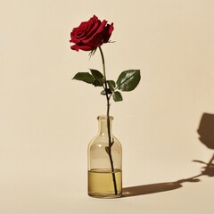 Minimalist photography, a red rose in a glass vase on a beige background, with a clean background