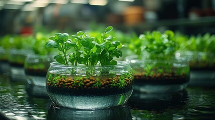 Closeup of green plants growing in round glass containers with water and soil.