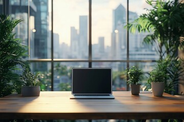 Fototapeta premium Business interior with pc desktop mockup, glass meeting room and window, Generative AI