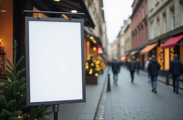 Blank outdoor sign in a bustling street with soft bokeh lights behind it.
