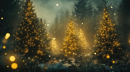 Magical forest with Christmas trees and glowing lights. AI Generated