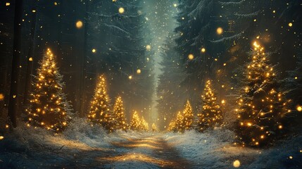Magical forest with Christmas trees and glowing lights. AI Generated