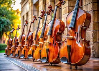 Naklejka premium Elegant cellos displayed in a serene setting showcasing craftsmanship and the beauty of music
