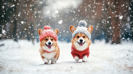 Two playful corgis in winter hats running through the snow.