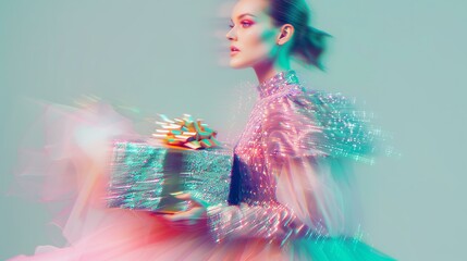 heavy blur beautiful smiling young woman in a silver dress holding an elegant Christmas present, in motion, blur