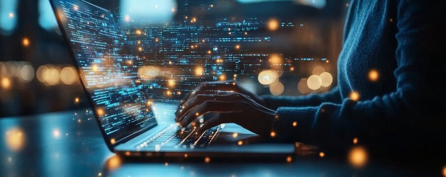 Man using laptop, AI document management system hologram hud, Generative AI