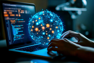 Hands hover over a laptop, symbolizing global connectivity through the internet. The background features a world map with interconnected lines representing a vast data network