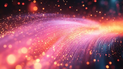 Fototapeta premium Radiant Fiber Optic Strands Illuminating With Vibrant Pink And Orange Light Particles
