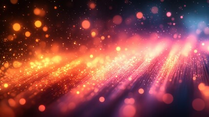 Obraz premium Vibrant Fiber Optic Strands Glowing With Warm Orange And Pink Light Particles In An Abstract Digital Display