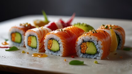 realistic photo illustration of Japanese specialty food in the form of sushi rolls
