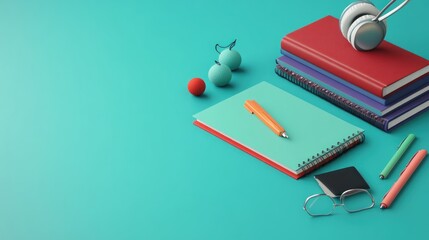 A colorful study setup featuring notebooks, stationery, and headphones on a teal background.