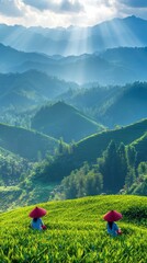 Medium beautiful tea hill, there are two beautiful Chinese girls, ethnic minorities, who are gathering tea,
