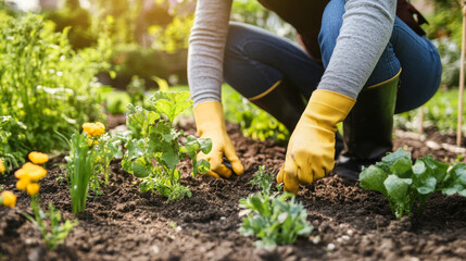 Fototapeta premium Gardener using eco-friendly tools to cultivate a vibrant vegetable garden in the morning sunlight
