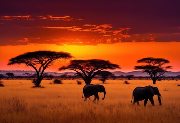 Obraz premium breathtaking savanna landscapes featuring dramatic sunsets striking silhouettes flora fauna expansive horizon, dusk, nature, sky, color, evening, wildlife