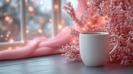 Blank white ceramic mug with Christmas coffee