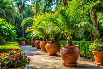 Fototapeta premium Elegant Decorative Pots for Palm Trees in a Lush Green Garden Setting with Natural Light