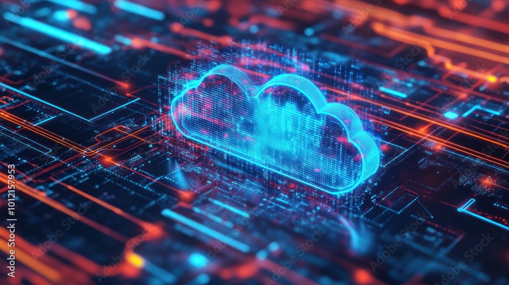 Poster a digital cloud symbol over a circuit board, representing cloud computing technology.