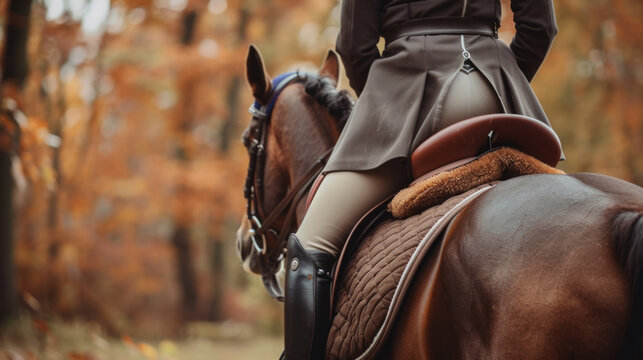 A rider mounts a horse amidst beautiful fall foliage in a serene outdoor setting, showcasing equestrian grace and connection with nature