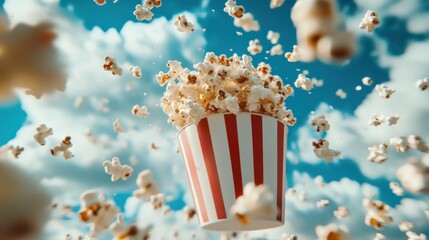 Popcorn Flying Out of Striped Container Title: Popcorn Exploding from a Red and White Striped Cup 