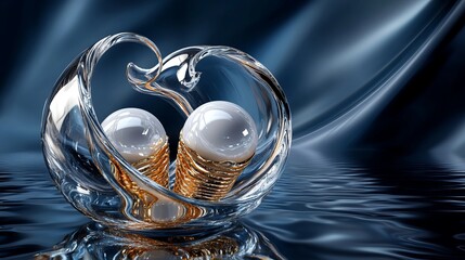 3D rendering of glossy black and gold spheres, and glass spheres with white and gold swirls in an elegant vase, set against a dark blue background with reflective lighting and luxurious finish.