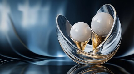 3D rendering of glossy black and gold spheres, and glass spheres with white and gold swirls in an elegant vase, set against a dark blue background with reflective lighting and luxurious finish.