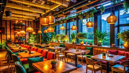 Fototapeta premium Elegant Empty Restaurant Interior with Modern Decor and Ambient Lighting in a Cozy Atmosphere