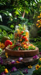 Mason jar salad with fresh greens around it