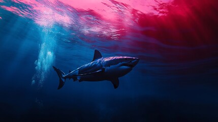 Fototapeta premium Great white shark in vibrant blue ocean underwater predator hunting near the surface