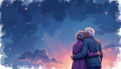 Naklejka premium Elderly couple embracing under a starry sky at sunset, romantic atmosphere, artistic illustration, copy space