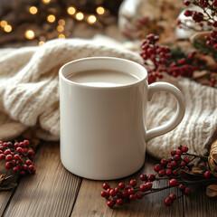 Blank white ceramic mug with Christmas coffee