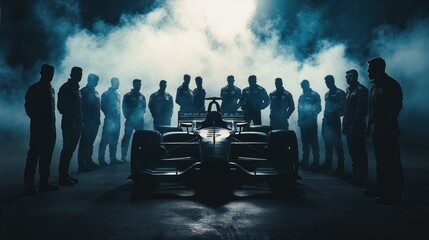 A dramatic silhouette of a race car surrounded by team members in a misty atmosphere.