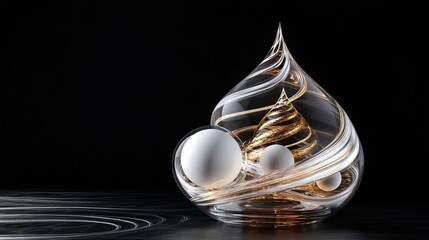 3D rendering of glossy black and gold spheres, and glass spheres with white and gold swirls in an elegant vase, set against a dark blue background with reflective lighting and luxurious finish.