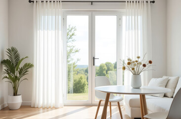A bright living room with a table and a vase of flowers, light furniture, a large floor-to-ceiling window and an exit to the green garden area. Living room interior