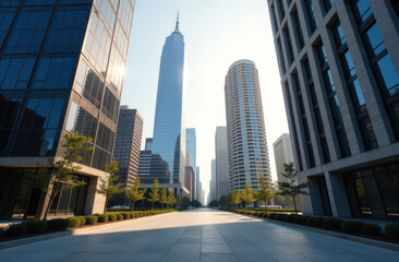Fototapeta premium Cityscape of a big city with high-rise buildings, a business center with a square and an empty street