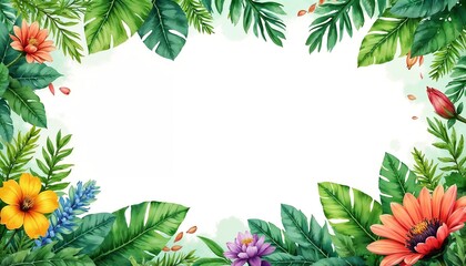 Fototapeta premium Tropical foliage and flowers border with white background, decorative design, copy space